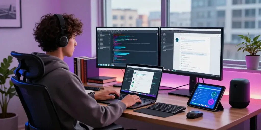 AI chatbot development scene with a developer coding in a modern workspace.