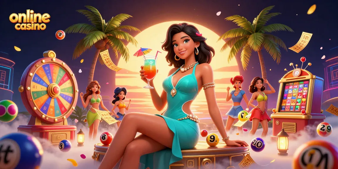 Experience vibrant online casino action with a glamorous cocktail amidst lottery balls and festive elements.