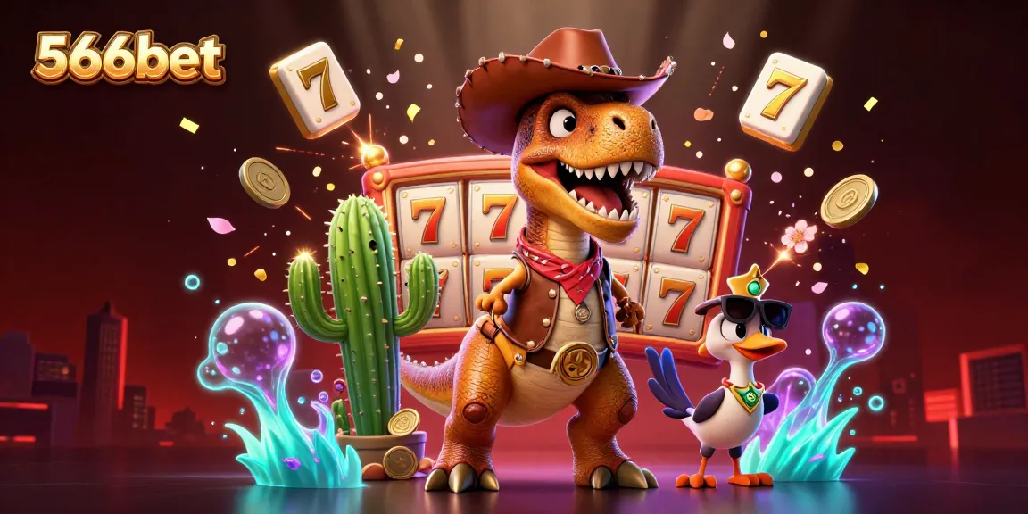 Engage in thrilling gameplay at 566bet with a vibrant casino adventure featuring a dinosaur and friends.