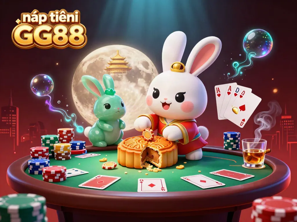 Engage in nạp tiền GG88 with a magical scene of a moon rabbit revealing poker chips, showcasing vibrant gambling elements.