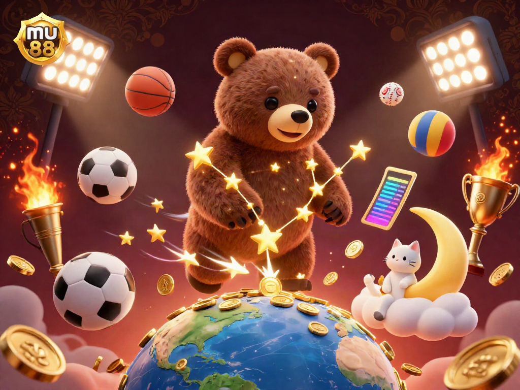 Capture the excitement of mu 88 with a vibrant 3D casino scene featuring cosmic characters and dynamic sports elements.