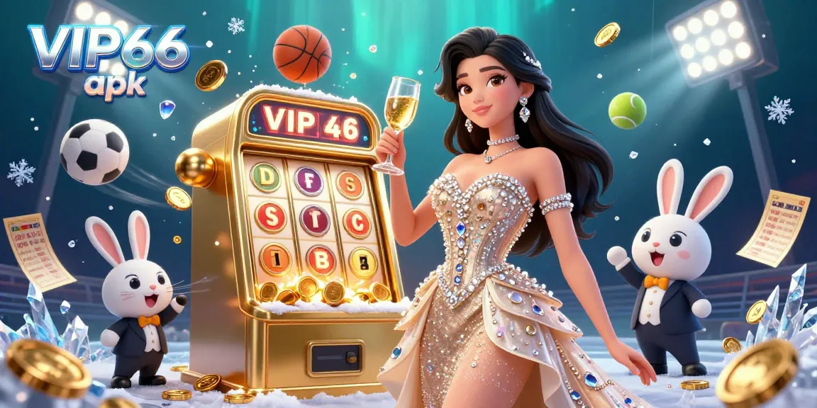 Experience exciting gameplay with the VIP66 apk as a stunning woman toasts beside a golden jackpot slot.