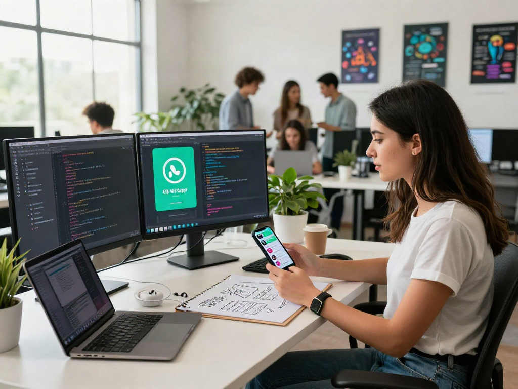 Developer working on gb whatsapp app interface in a modern workspace, showcasing creativity and technology.