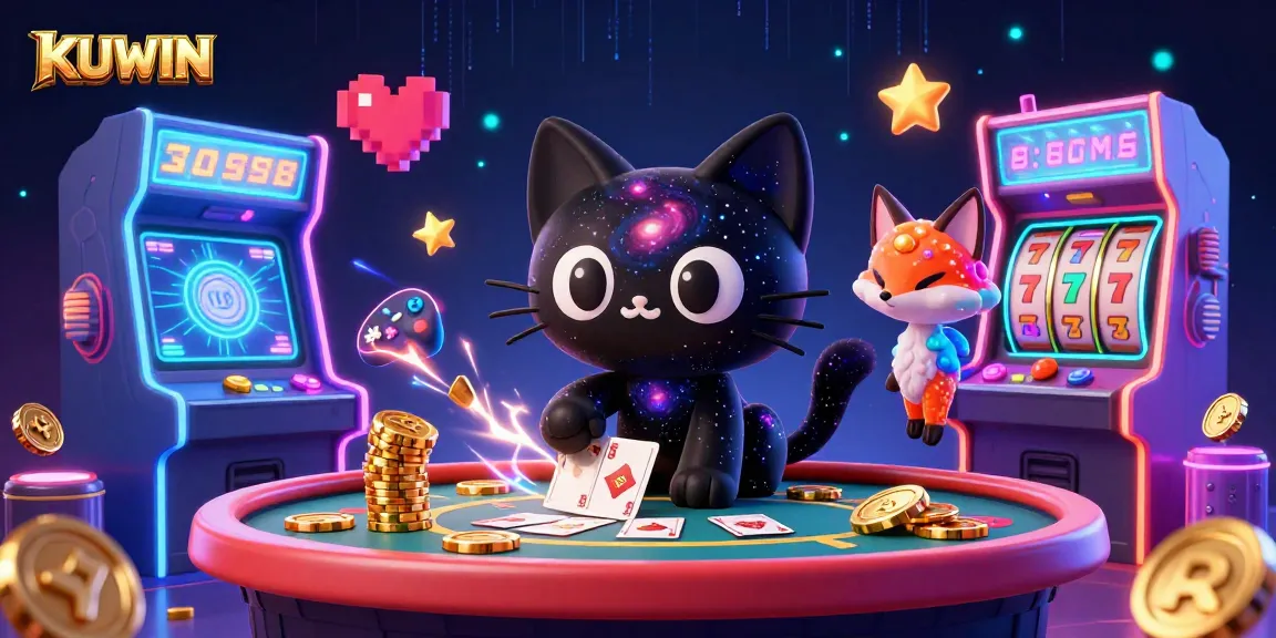 Engage with KUWIN at the cosmic casino, where a black hole cat draws in golden chips and cards.