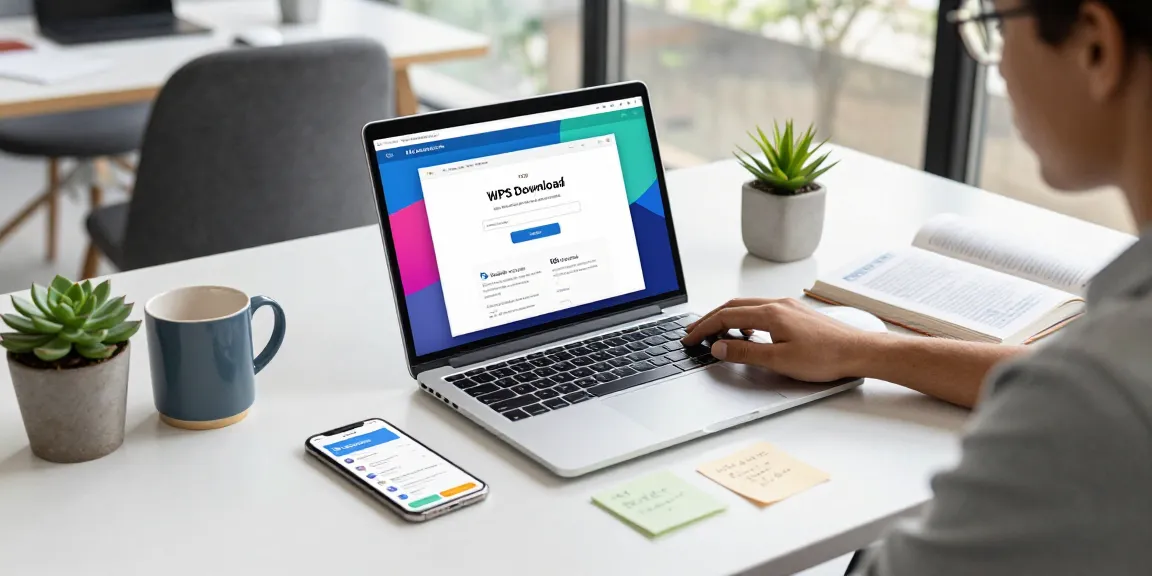 WPS Download in action at a modern workspace with a laptop, smartphone, and coffee