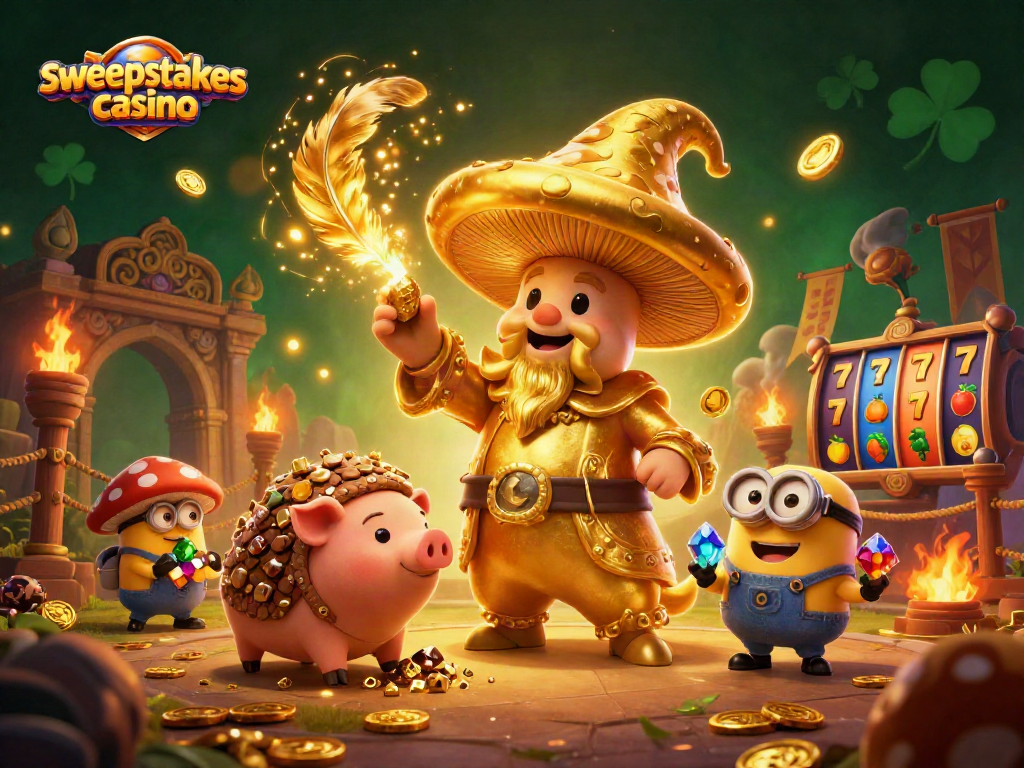 Sweepstakes casino scene with golden mushroom wizard, treasure-finding pig, and slot reels
