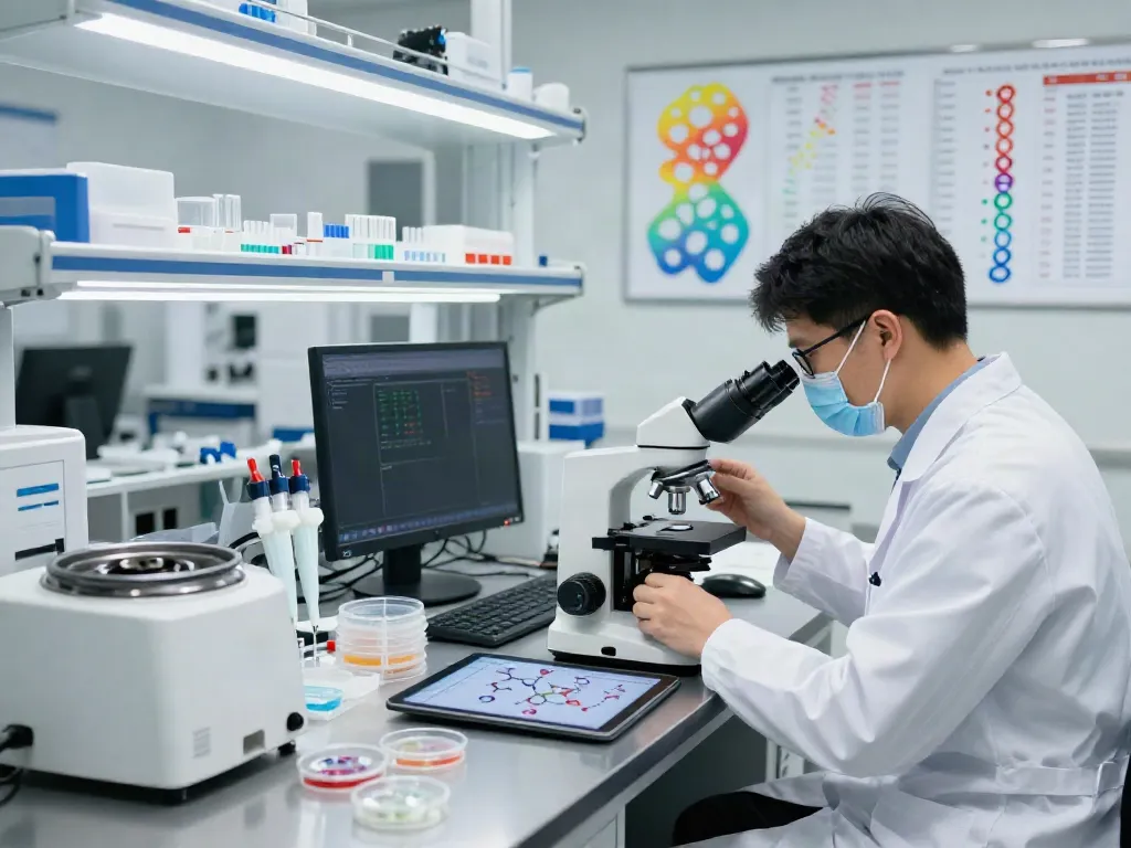 Researcher analyzing peptide samples and comparing pepti prices in a modern lab.