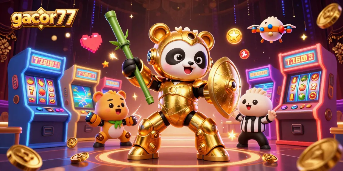 Ilustrasi 3D menarik gacor77 dengan panda emas dan elemen slot, dikelilingi penonton hewan.