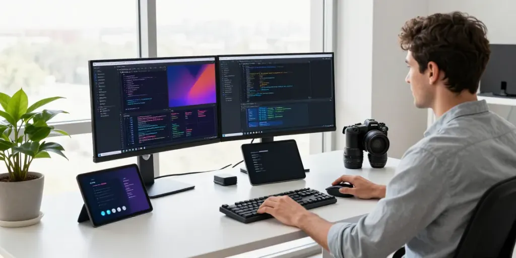 Dynamic workspace showcasing a developer reviewing 2113 Apps on dual screens with natural light.