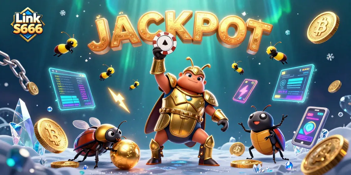 Engage with Link S666 as a cartoon beetle delights in a jackpot, surrounded by vibrant gambling elements.