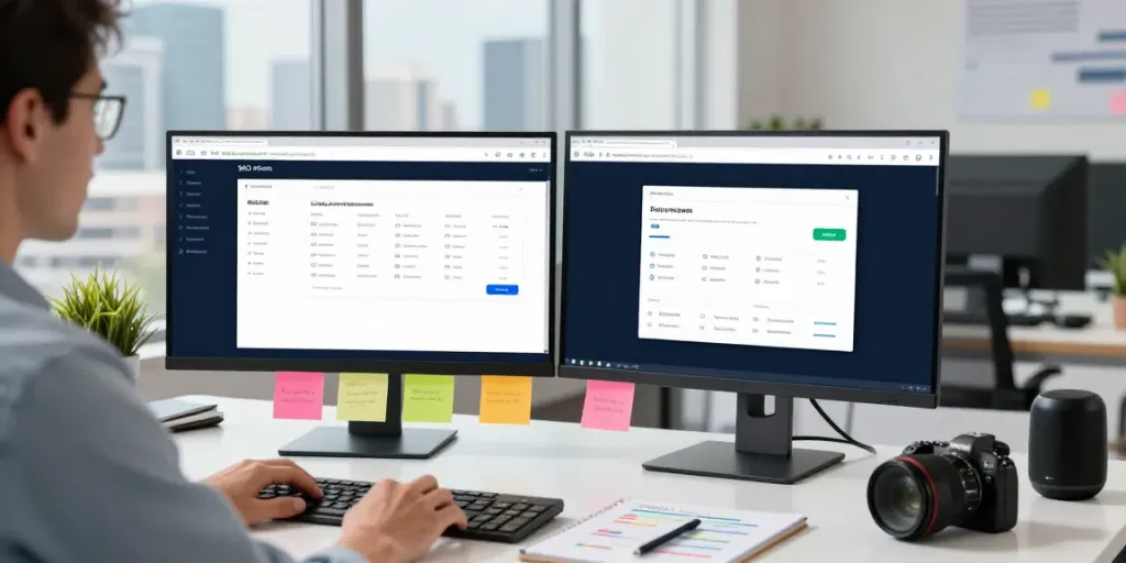 Digital marketer analyzing instant indexing strategies in a modern office