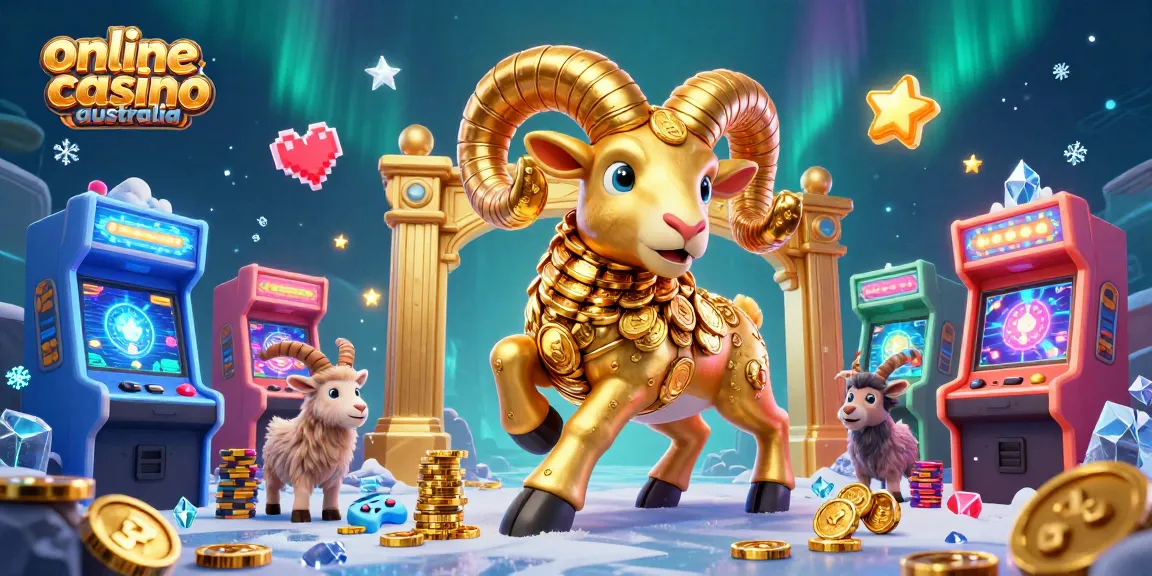 Engage with the thrilling online casino Australia, featuring a charging golden ram amidst vibrant game elements.
