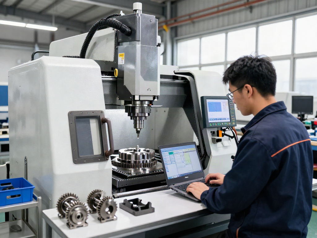 Precision CNC machining supplier technician operating advanced machinery in a bright workshop.