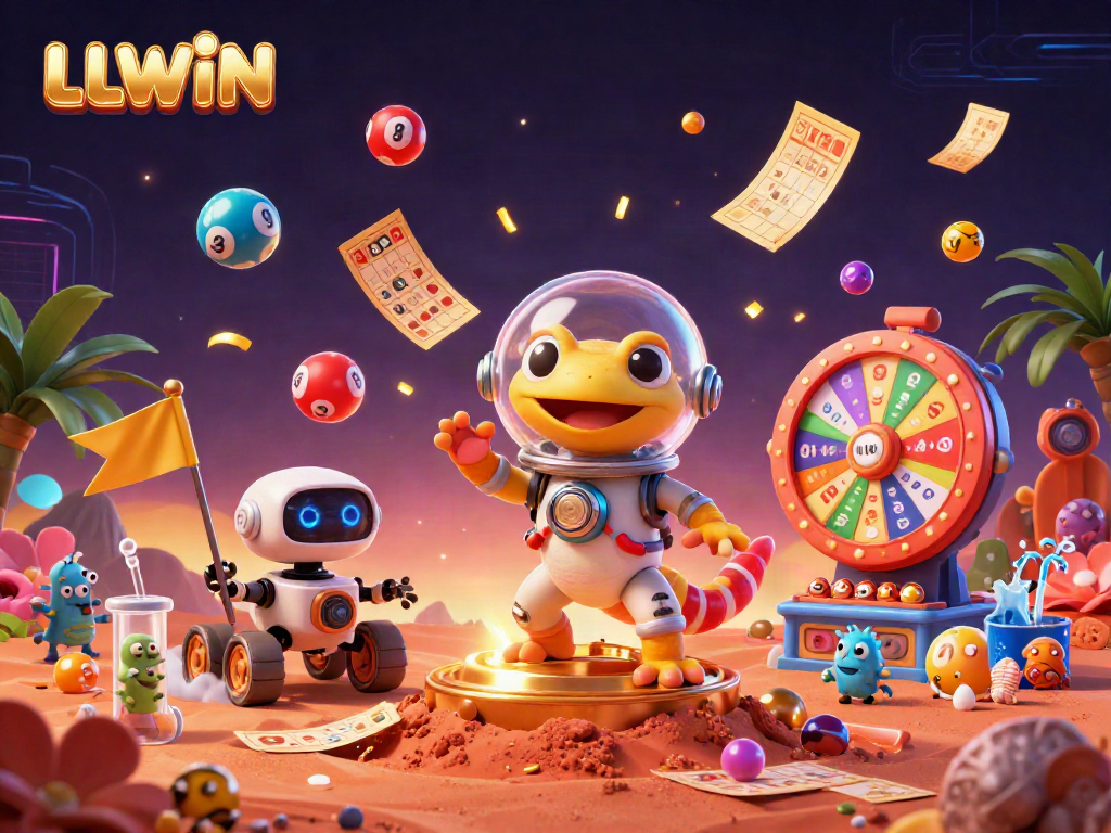 Engage with LLWIN's vibrant 3D casino adventure featuring a Martian gecko exploring a golden casino.
