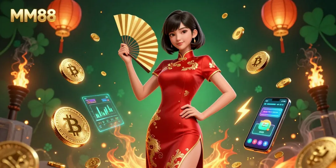 Experience the thrilling world of MM88 with stunning visuals showcasing Bitcoin and Ethereum integration in a vibrant casino scene.