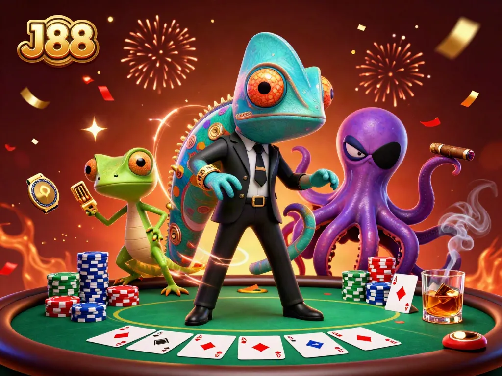 Engage in thrilling gameplay at J88, featuring vibrant poker dynamics with animated characters.