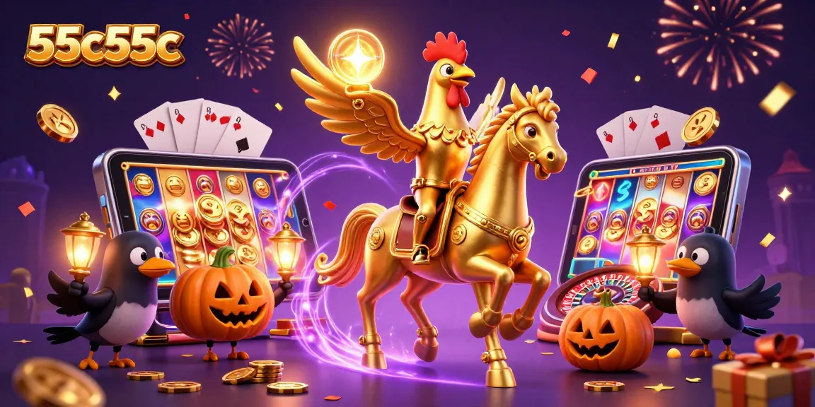 55c55c apresenta uma ilustração 3D detalhada de um galo dourado com foco em cassino.