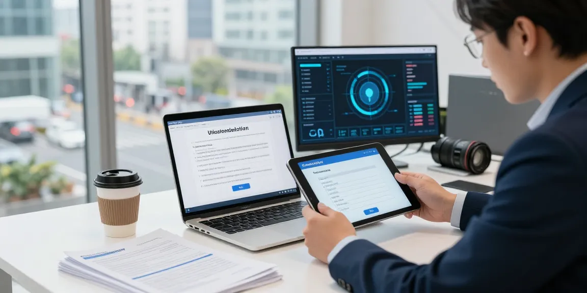 Analyzing document fraud detection solution in a modern office setting with technology-driven tools and data analytics.