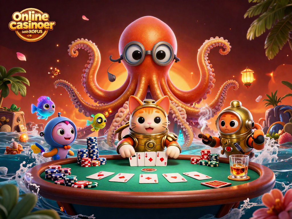 Engaging scene of online casinoer uden ROFUS with vibrant characters and poker elements.