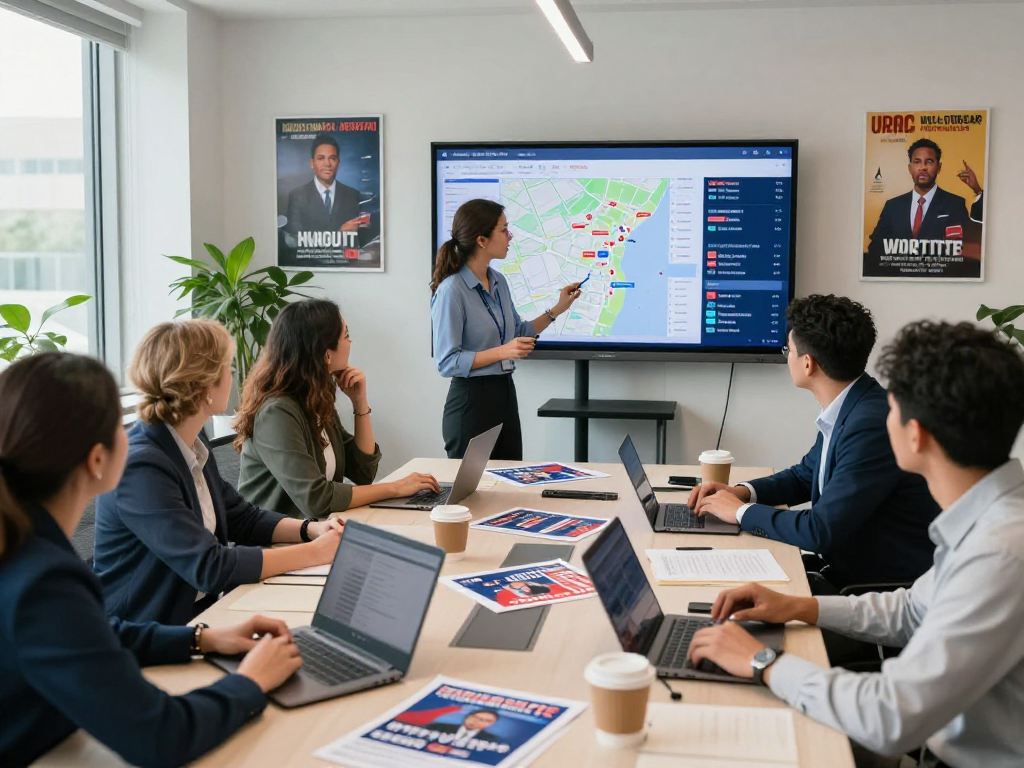 Analyzing meta ads for political campaigns in an engaging office setting with data visuals.