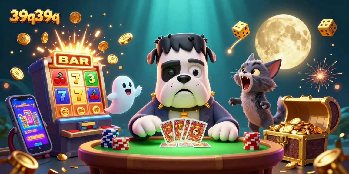 Utilizando o 39q39q, o bulldog Frankenstein joga cartas em uma mesa de cassino iluminada.