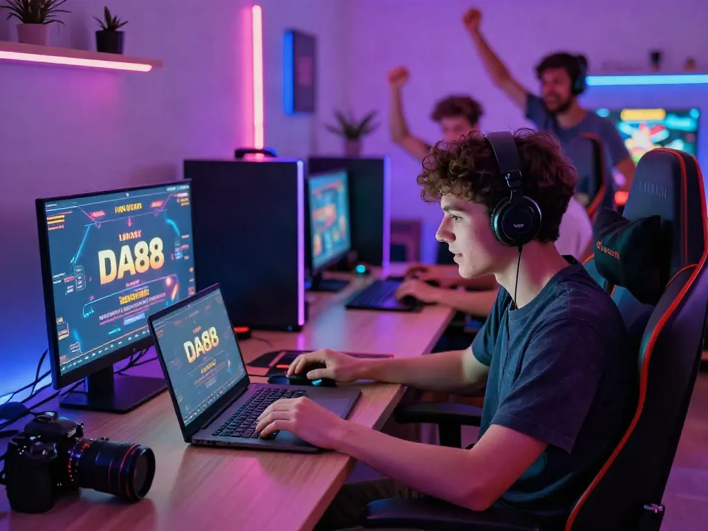 Youthful gamer engaged with da88 on laptop amidst an energetic home gaming setup.