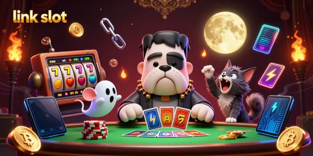 Engage with thrilling link slot gameplay in a dynamic 3D illustration featuring unique characters and vibrant elements.