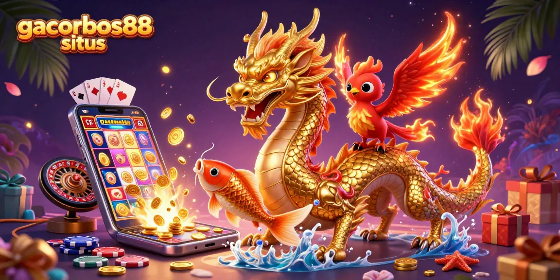 Experience gacorbos88 situs with a detailed illustration of a dragon, phoenix, and koi fish amidst vibrant casino elements.