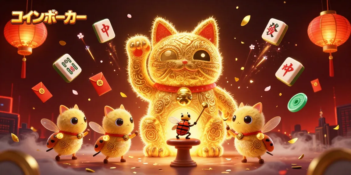 コインポーカーで楽しむビジュアル体験を表現した華やかな3Dイラスト