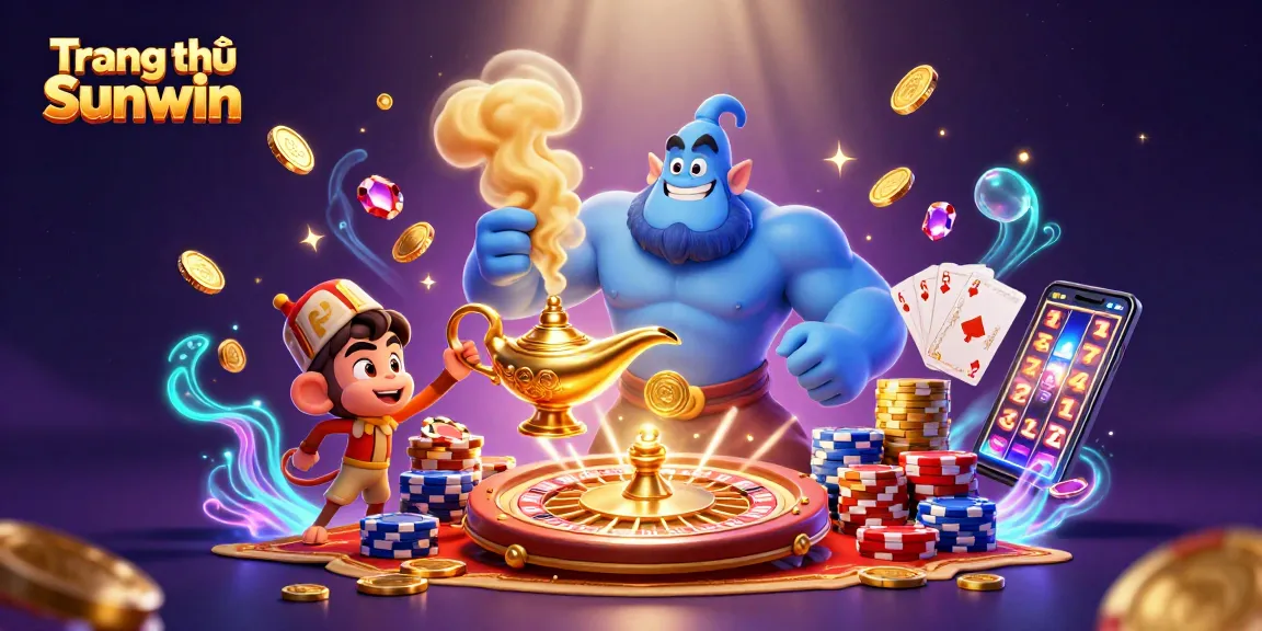 Experience the magic at Trang chủ Sunwin with an entertaining casino scene featuring a genie and lucky charms.