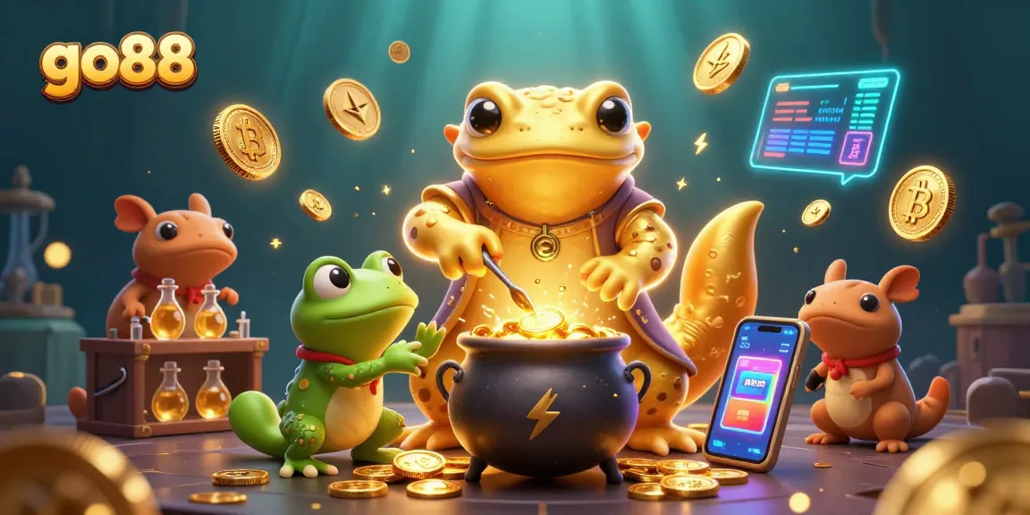 Experience the magic of go88 with a golden alchemist and his frog apprentice in a vibrant casino-themed scene.