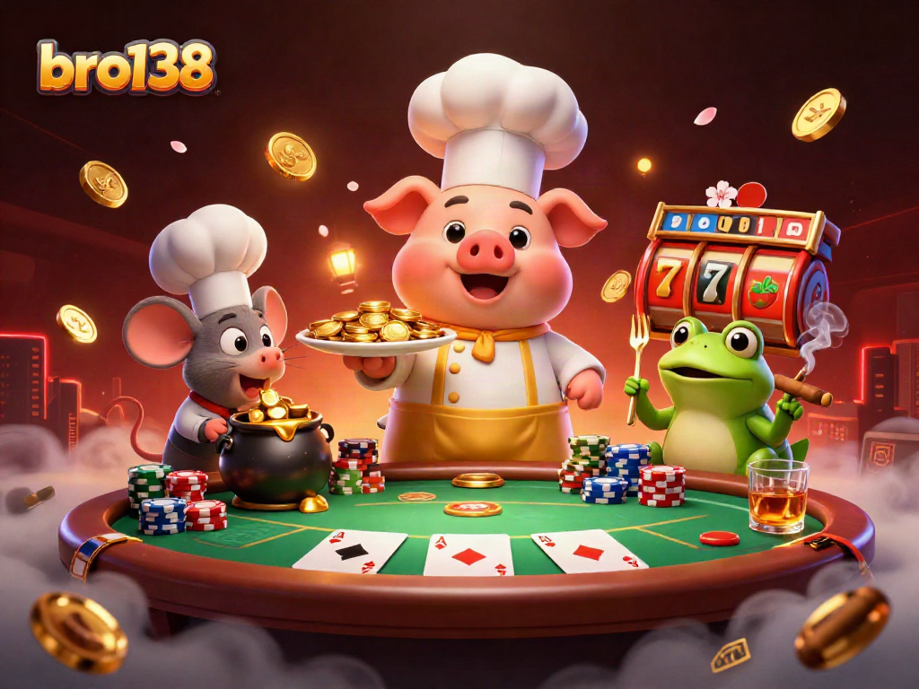 Engage with bro138's vibrant casino world as a chef pig serves gold coins amidst dynamic gaming elements.