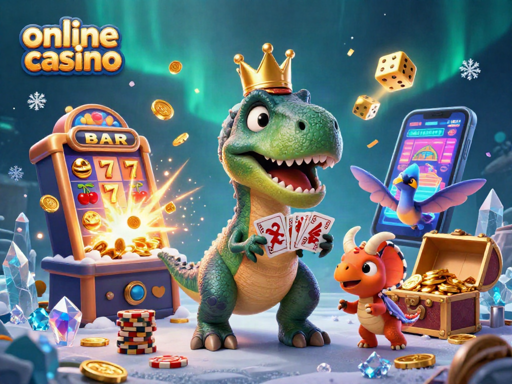 Vivi l'emozione dei casino online con un T-Rex che sfida la sorte a carte mentre i colori esplodono!
