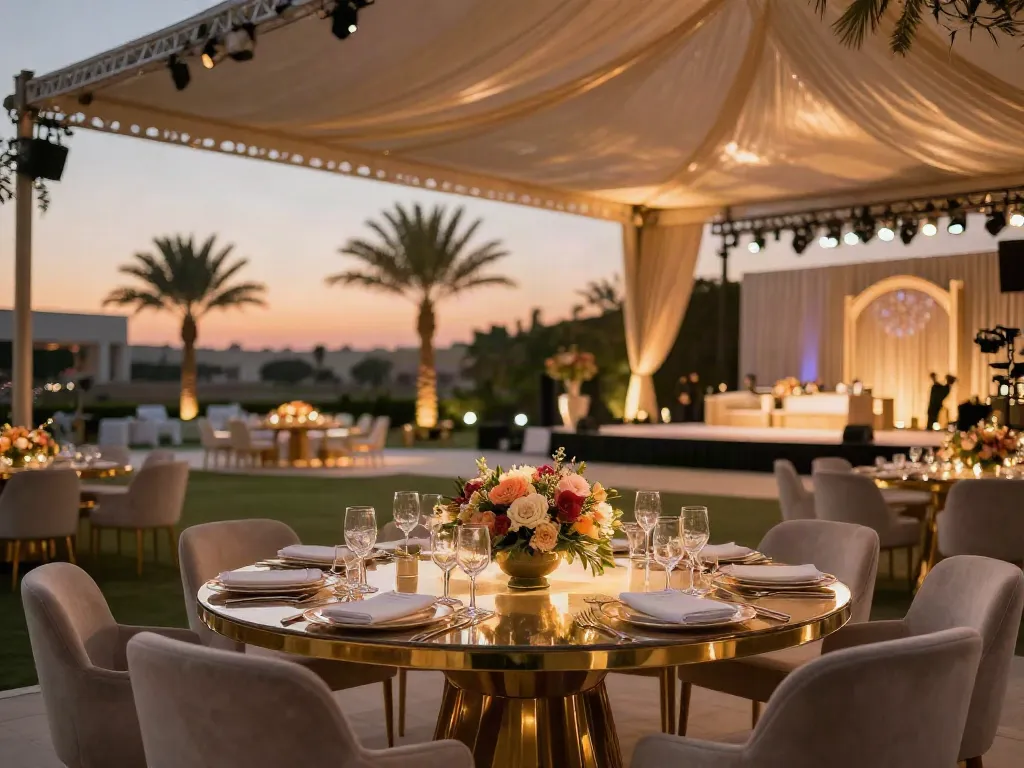 Event rentals showcasing elegant outdoor dining setup with floral arrangements and luxurious decor.