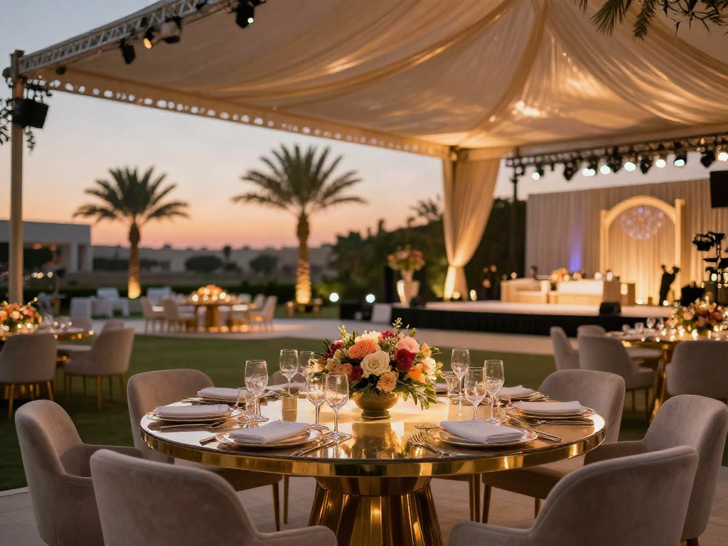 Event rentals showcasing elegant outdoor dining setup with floral arrangements and luxurious decor.