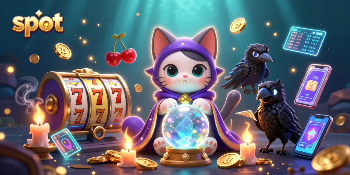 Spin slot reels with a mystic cat & raven in a magical 3D casino scene.