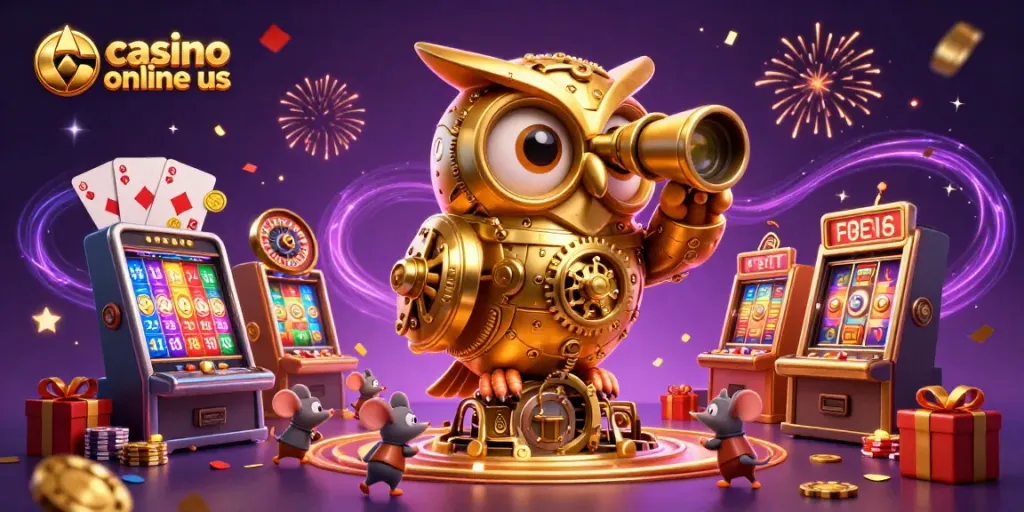Experience excitement at casino online us with a whimsical 3D owl and mouse patrons among colorful slot games.