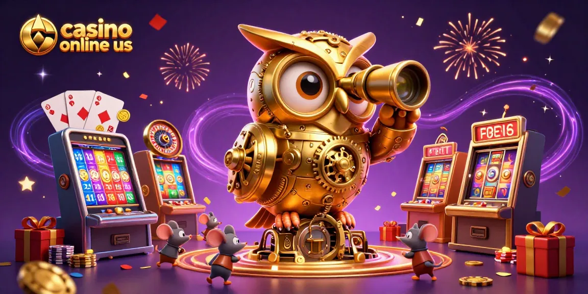 Experience excitement at casino online us with a whimsical 3D owl and mouse patrons among colorful slot games.