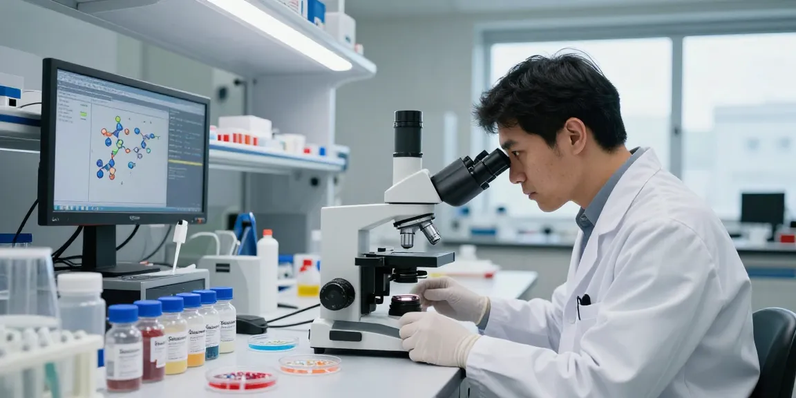 Scientist analyzing SwissChems Peptides in a modern laboratory.