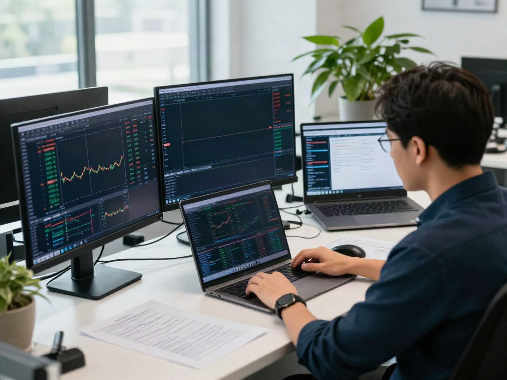 Trader analyzing financial data on MetaTrader 5 in a modern office.