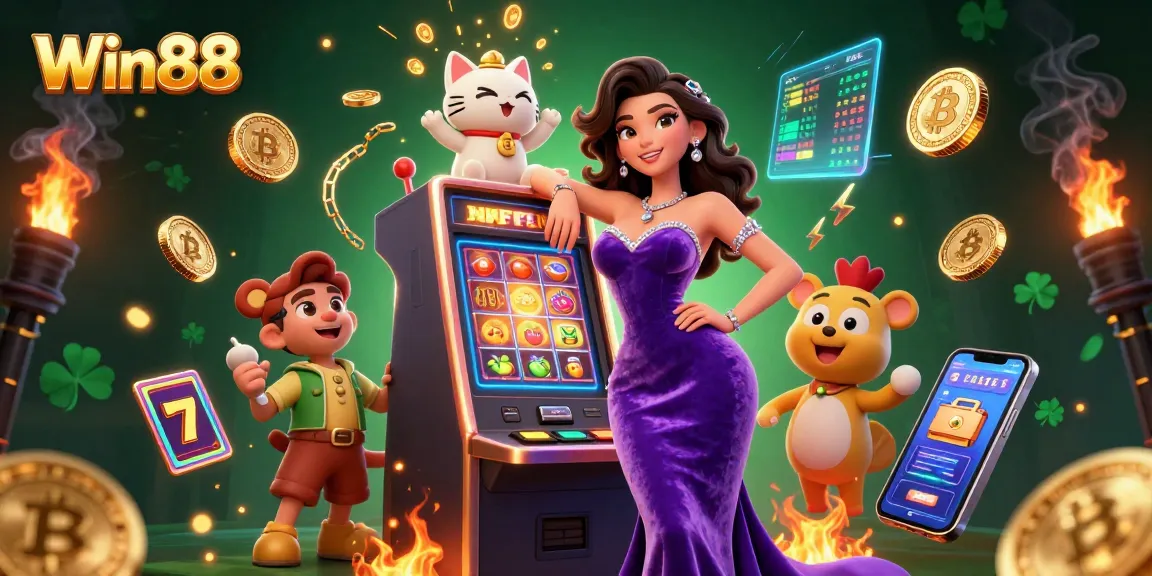 Win88 player winning on slots with festive elements and crypto coins in vibrant 3D illustration.