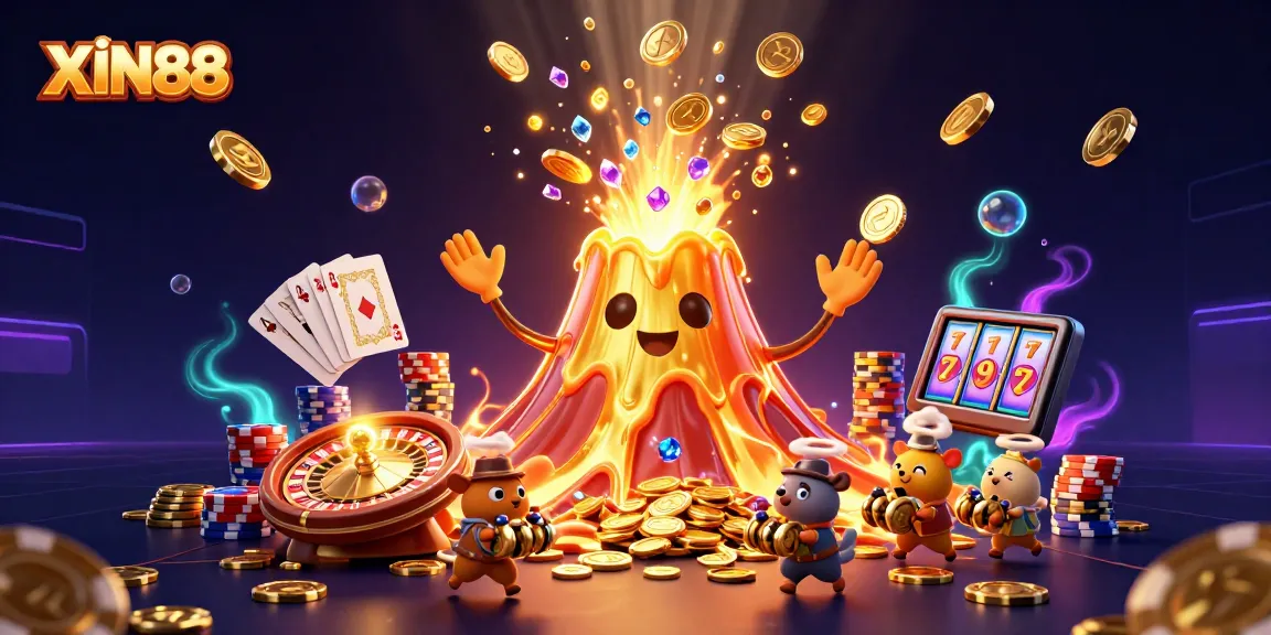 Experience the excitement of XIN88 with treasure erupting from a golden volcano in a vibrant casino scene.