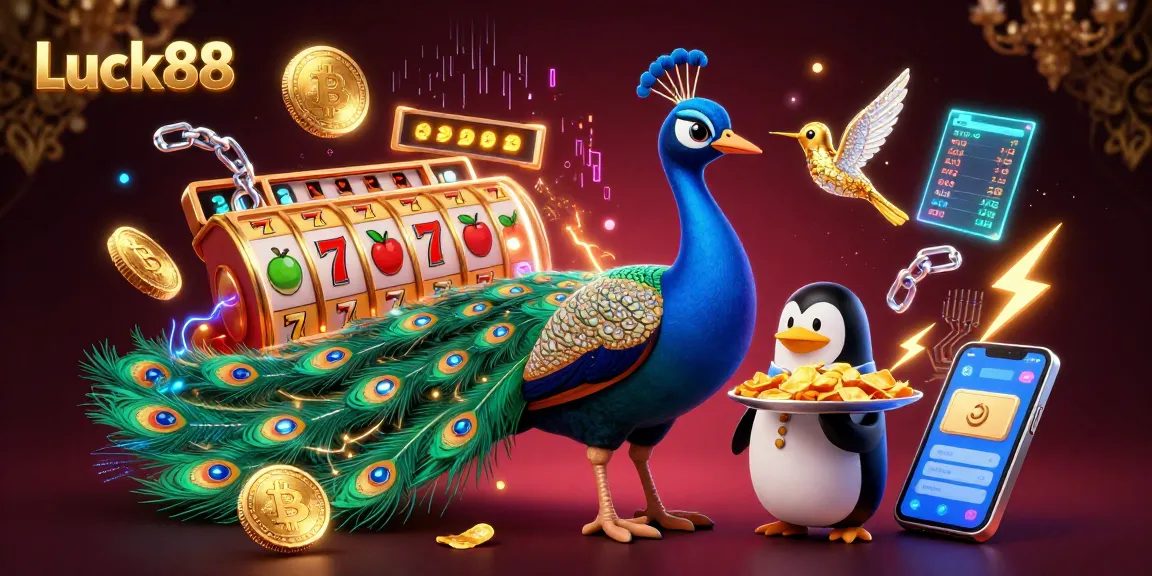 Play the Luck88 slot with a peacock and butler penguin in a vibrant 3D casino scene.
