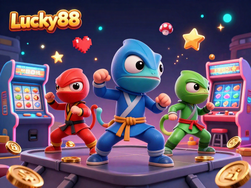 Lucky88 chameleon team showcases thrilling casino action with vibrant arcade elements and slot reels.