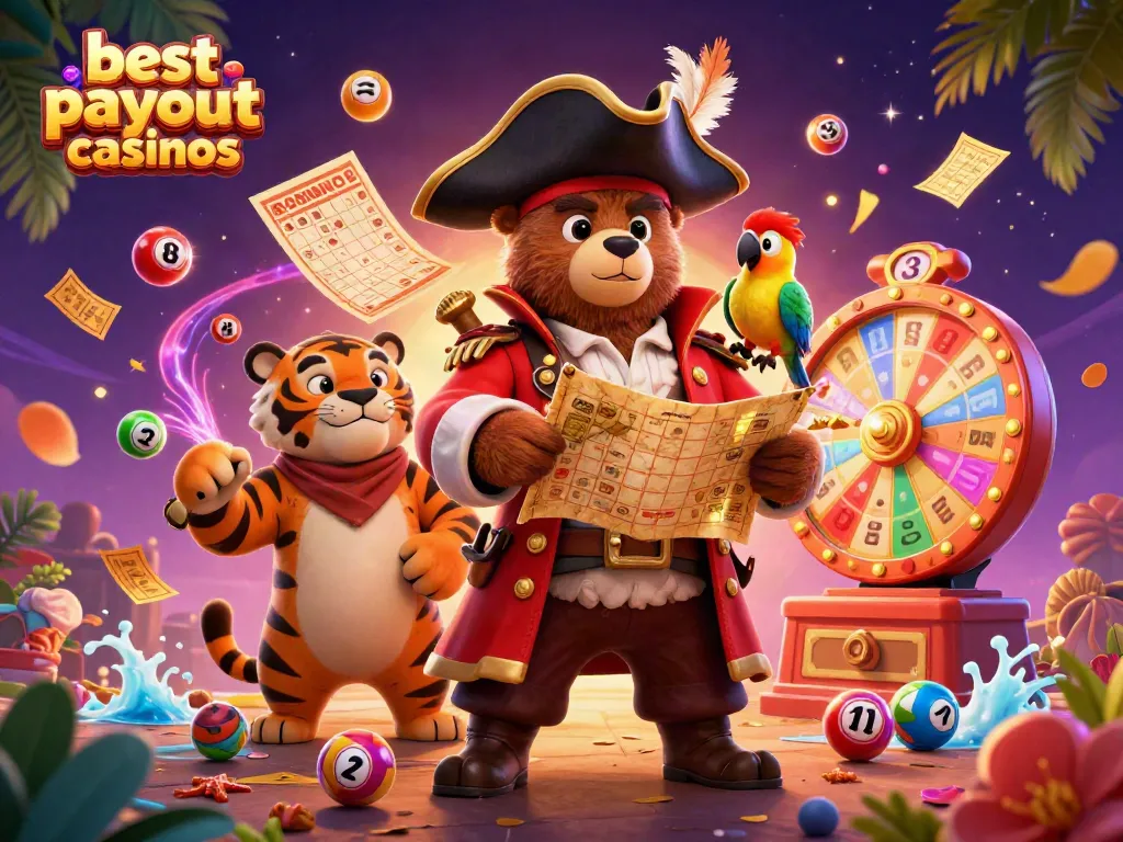 Explore the best payout casinos scene with a cartoon pirate bear, tiger, and golden elements.