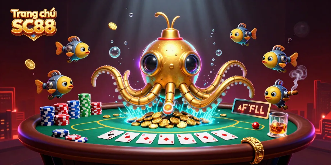 Navigate to Trang chủ SC88 for thrilling online gaming with a golden kraken submarine amidst poker action.