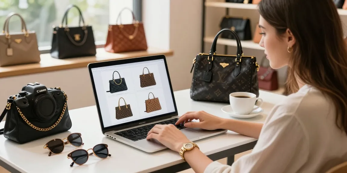 Stylish individual exploring premium 레플리카 handbags in a chic e-commerce setting.