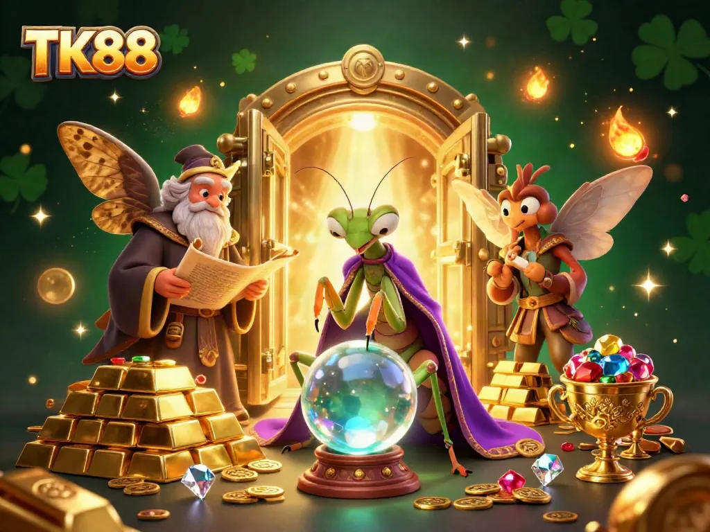 Engage with TK88's magical world as a mantis fortune teller and moth librarian unveil treasures of fortune.