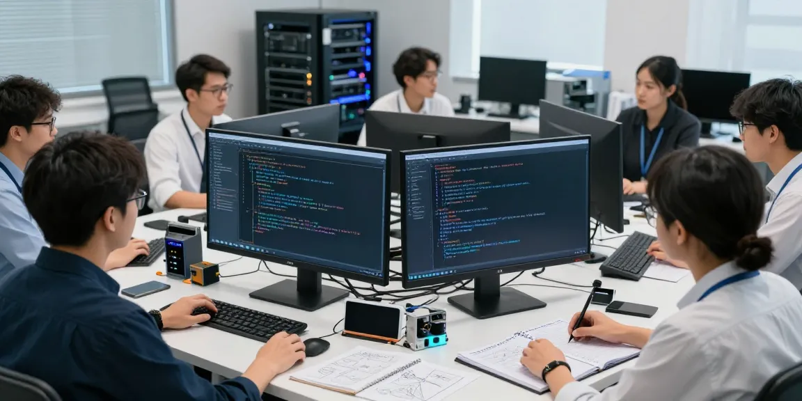 Engaged team in a tech lab collaborating on Enterprise AI development with multiple screens and hardware.
