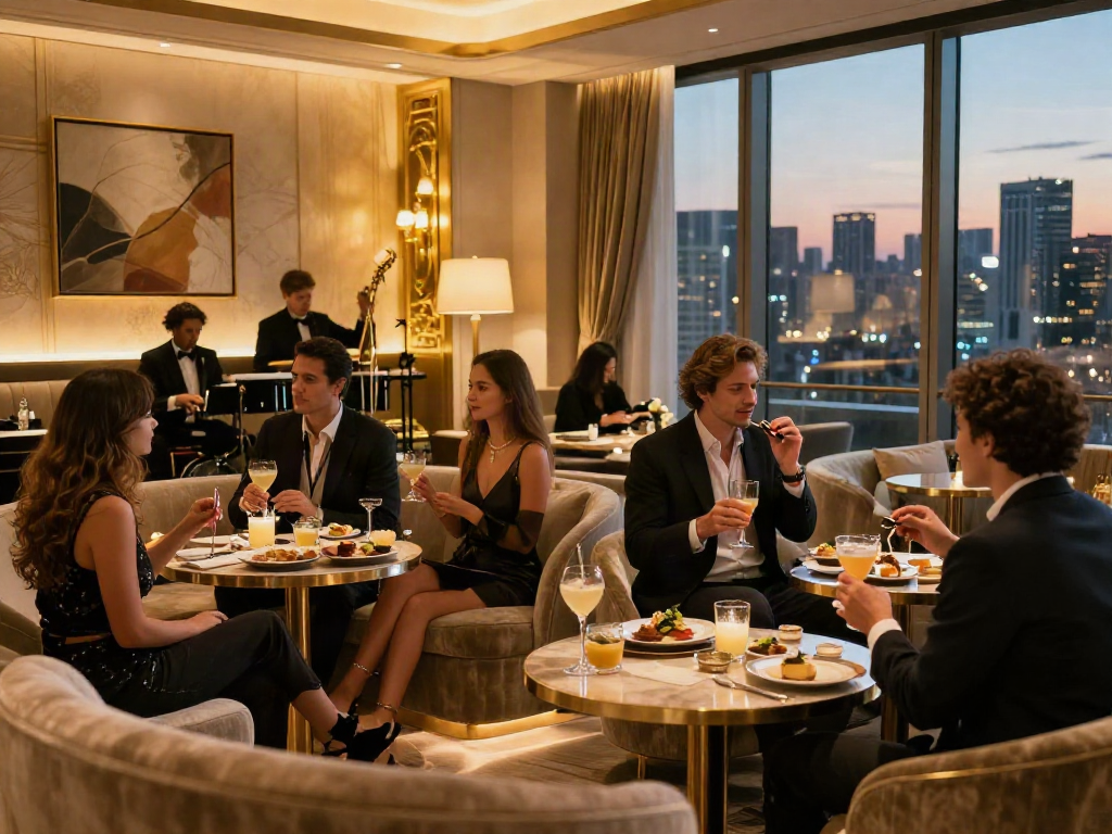 Pengalaman malam mewah LUXURY111 dengan makanan gourmet dan suasana elegan di lounge.